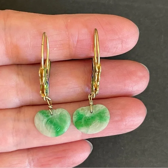 Antique Chinese export gilt silver carved jade & enamel butterfly earrings.